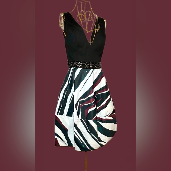 NWT Maslavi Jovani A-Line Black Striped Cocktail Dress, Beaded Waist & Pockets 4 - Picture 1 of 16